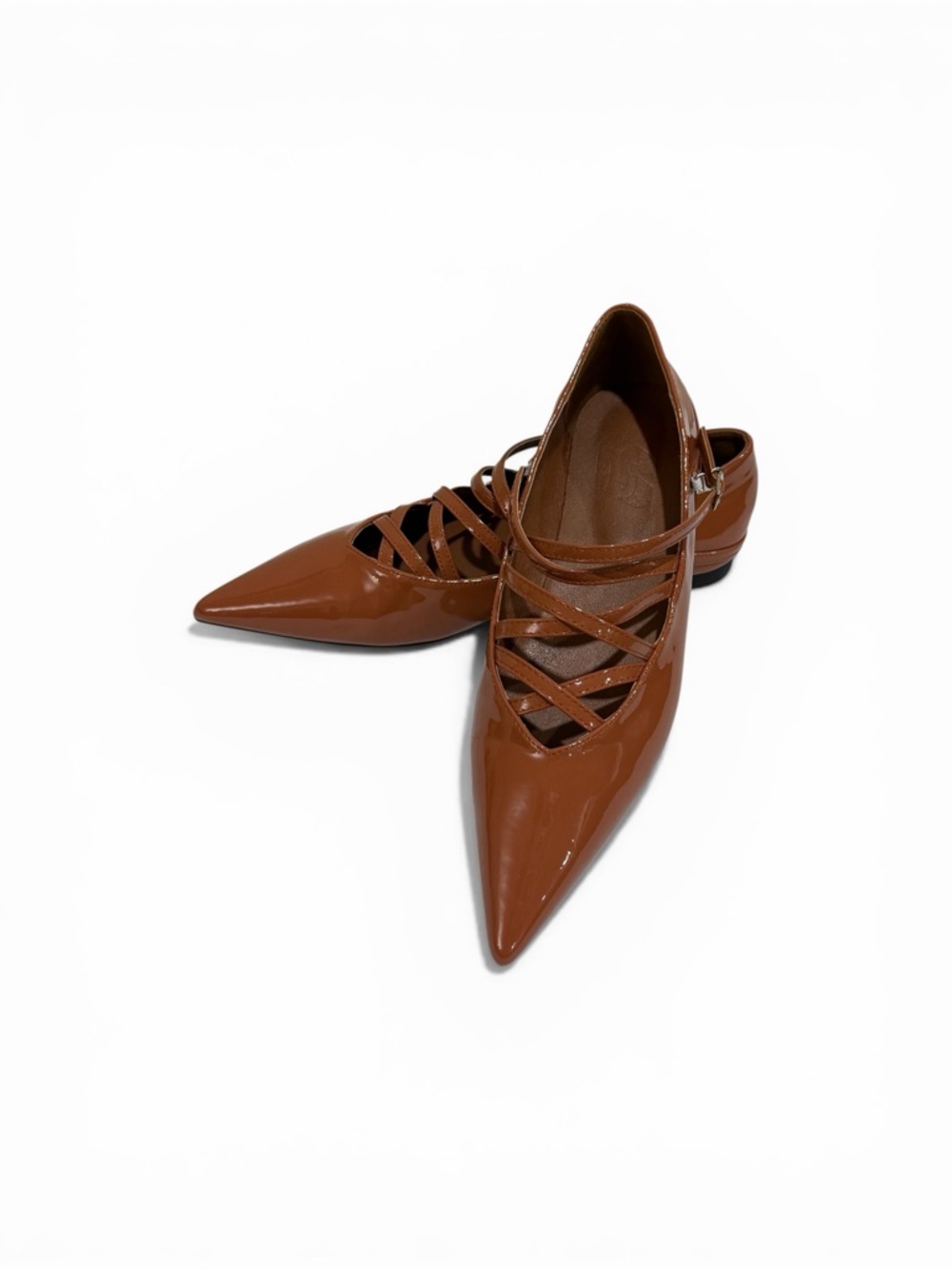 Women’s Pointed Toe Mary Jane Flats Brown Patent Crisscross Strappy Size 41